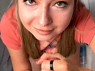 young babe jerks off in pov contest, guy resists orgasm