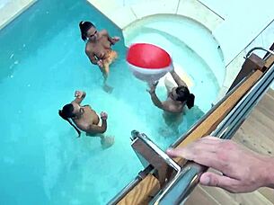 Watch these 3 bombshells share one cock in the pool and swallow cum?