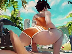 Overwatch Tracer rides a cock at the beach in a public outdoor setting