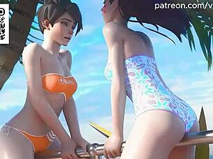 Overwatch D.Va, Tracer, Widowmaker lick Mercy in 3D hentai