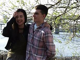 guy fucks nerdy teen regina rich bent over, fingering her shaved pussy close up.