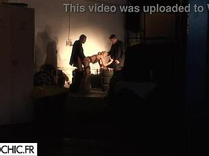 one blonde in lingerie with two men and voyeur gangbang action