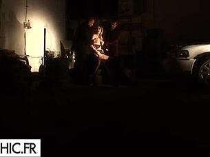 one blonde in lingerie with two men and voyeur gangbang action