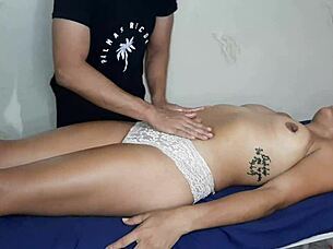 Does this sexy brunette's massage lead to sucking my monster cock?