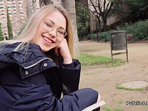 blonde fucks in bushes - public blowjob? Student couple voyeur big cock nude.