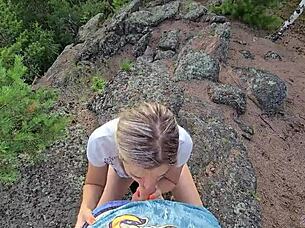 Petite amateur gets cum extraction from instructor while hiking in mountains