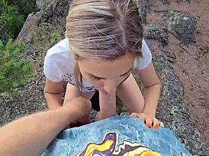 Petite amateur gets cum extraction from instructor while hiking in mountains