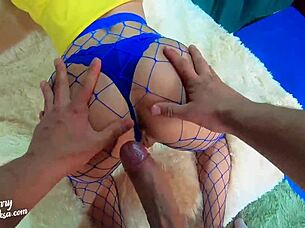 Girl in grid sucks big cock hard for double penetration and cum on ass 😍