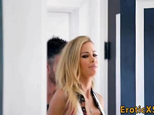 Blonde babe rubbing her pussy.