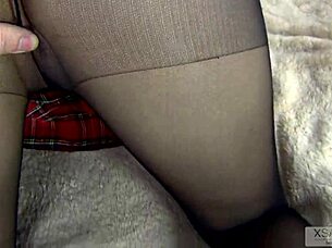 Amateur submissive teen fucked bent over in skirt and tights, upskirt view.