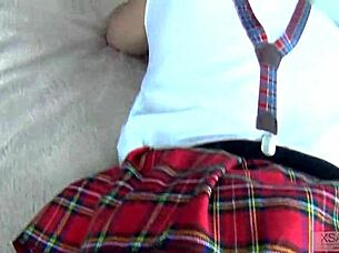 Amateur submissive teen fucked bent over in skirt and tights, upskirt view.