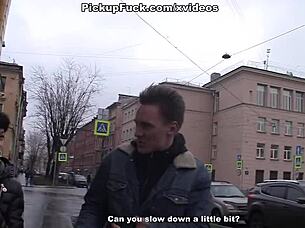 Hot amateur brunette engages in threesome with two tattooed studs for cash