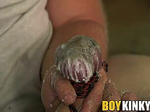 Tormented Guy's Balls Waxed, Cock Wanked