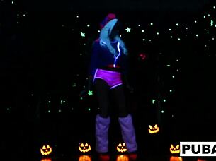 Two hot blondes share a halloween scare and end up fucking.