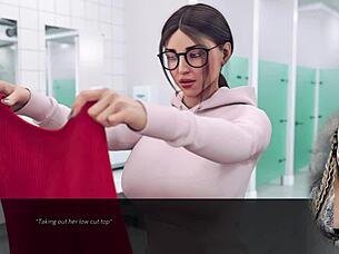 Does the sexy secretary flash her huge tits in the office?