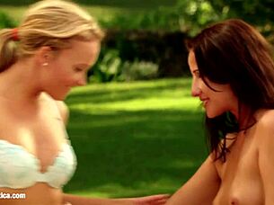 sensual lesbian friends explore each other gently.