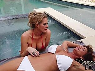deauxma and nola kiss and lick big tits in jacuzzi with muff diving