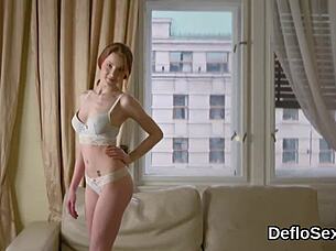 Seductive virgin kitten fingers her shaved narrow muff until she cums in this defloration scene