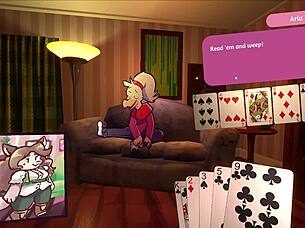 Two chicks are playing poker, but it's furry strip poker with clothes ripping off in this anime hentai game