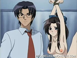 Svázaná japonská hentai kurva vydrží tvrdé šukání a kouření od monstra