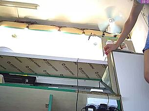 Sexy blonde step sister flashes thong under skirt at work, voyeur camera