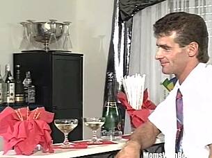 Brunette mature bartender swallows cum after anal fucking by customer!