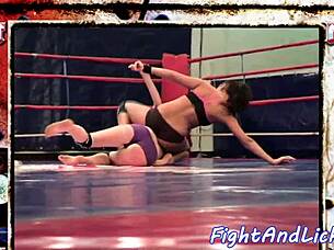European babes finger and lick pussy in wrestling ring