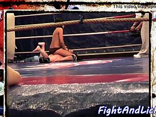 European babes finger and lick pussy in wrestling ring