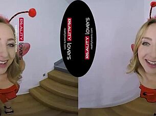 in realitylovers vr, the blonde in costume gives blowjob and rides in cowgirl position