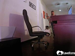 the horny secretary feels intense pleasure while masturbating her shaved pussy in the office.