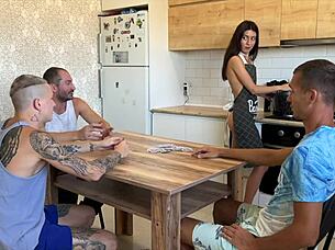 Lost his young 18+ wife at cards stretched her tight pussy right on the kitchen table