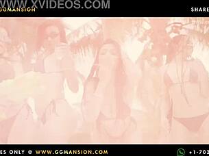 blonde babe gives blowjob to black-haired one with dildo