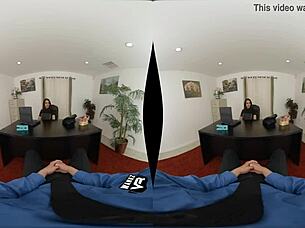 In office pov, she says, 'let me suck your shaved pussy close up.'