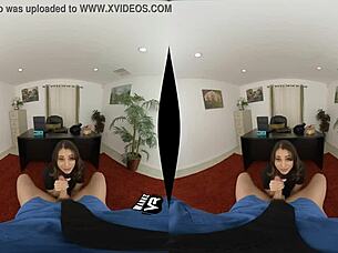 In office pov, she says, 'let me suck your shaved pussy close up.'