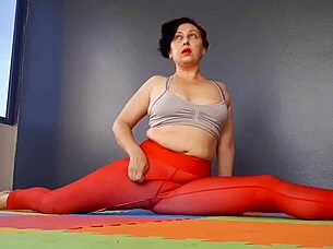 Regina Noir Practices Yoga In Transparent Red Leotard At Gym.