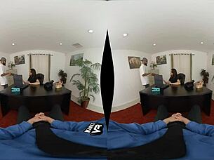 In office pov, she says, 'let me suck your shaved pussy close up.'