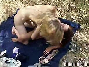 chloe 18 rubs her teen 18+ friend's natural tits and eats pussy outdoors 😍 kissing and fucking leads to orgasm