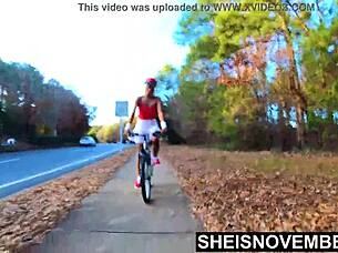 Ebony Babe Rides Bike Nude in Public