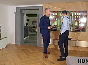 Beautiful shaved pussy watched by cuckold on sofa