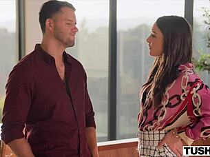 I give client anal bonus in tushy real-estate, spooning blowjob deepthroat facial with buttplug bent over brunette