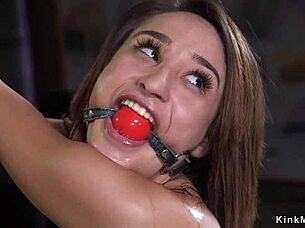 Ass hooked slave gets doggy banged in bondage. Whipping and choking add to submission