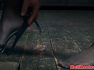 GINGER SUB PUNISHED OUTDOORS WITH PIERCED NIPPLES AND HEELS!