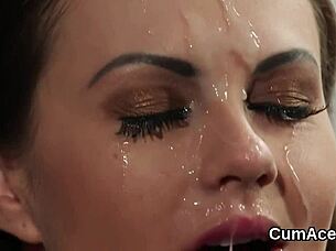 Naughty Peach is getting a cumshot on her face and swallowing it all