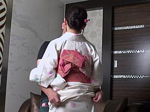 Yukata mature woman enjoys slippery sex with partner