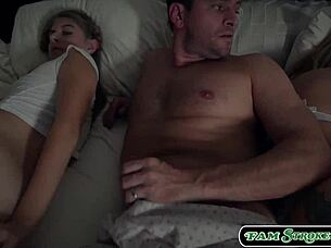 Stepteen throats stepdad's big cock deeply.