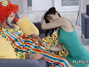 Horny housewife rides clown's hard cock in reality scene with blowjob and hardcore action