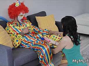 Horny housewife rides clown's hard cock in reality scene with blowjob and hardcore action