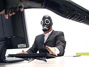 A chesty blonde babe in latex receives a hard shaft