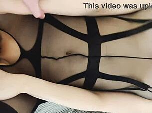 Busty brunette babe in bodysuit gets caught masturbating her wet pussy