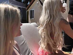 having a threesome with mom's new boyfriend, riding and blowjob